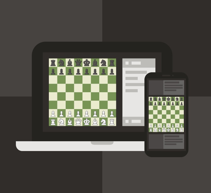 на картинке ноутбук и смартфон с включенными экранами, на которых изображено шахматное онлайн поле с фигурами