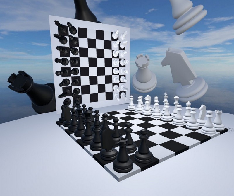 на изображении шахматная доска с фигурами и с левого края зеркальное ее отражение. Фон - голубое небо с облаками