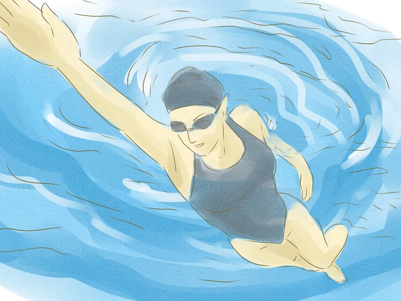 на картинке нарисована девушка в черном купальнике, очках и шапочке, плывущая в голубой воде