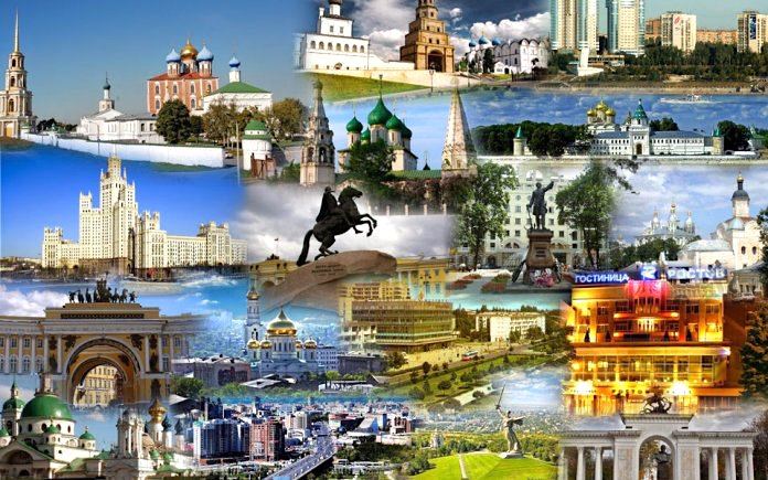 на изображении коллаж из достопримечательностей городов России