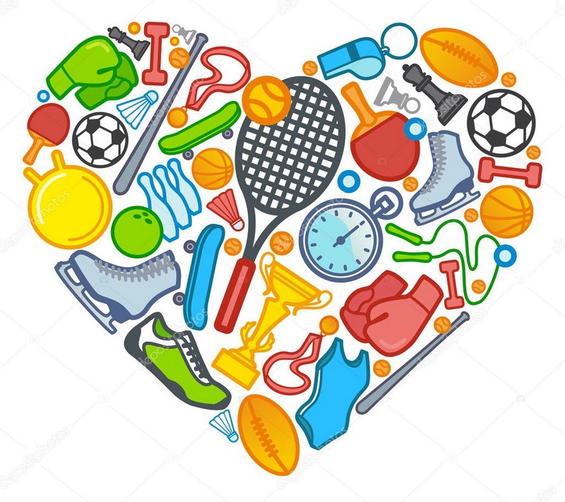 на изображении в форме сердца нарисованы спортивный инвентарь, кубок, медаль, яркая спортивная одежда